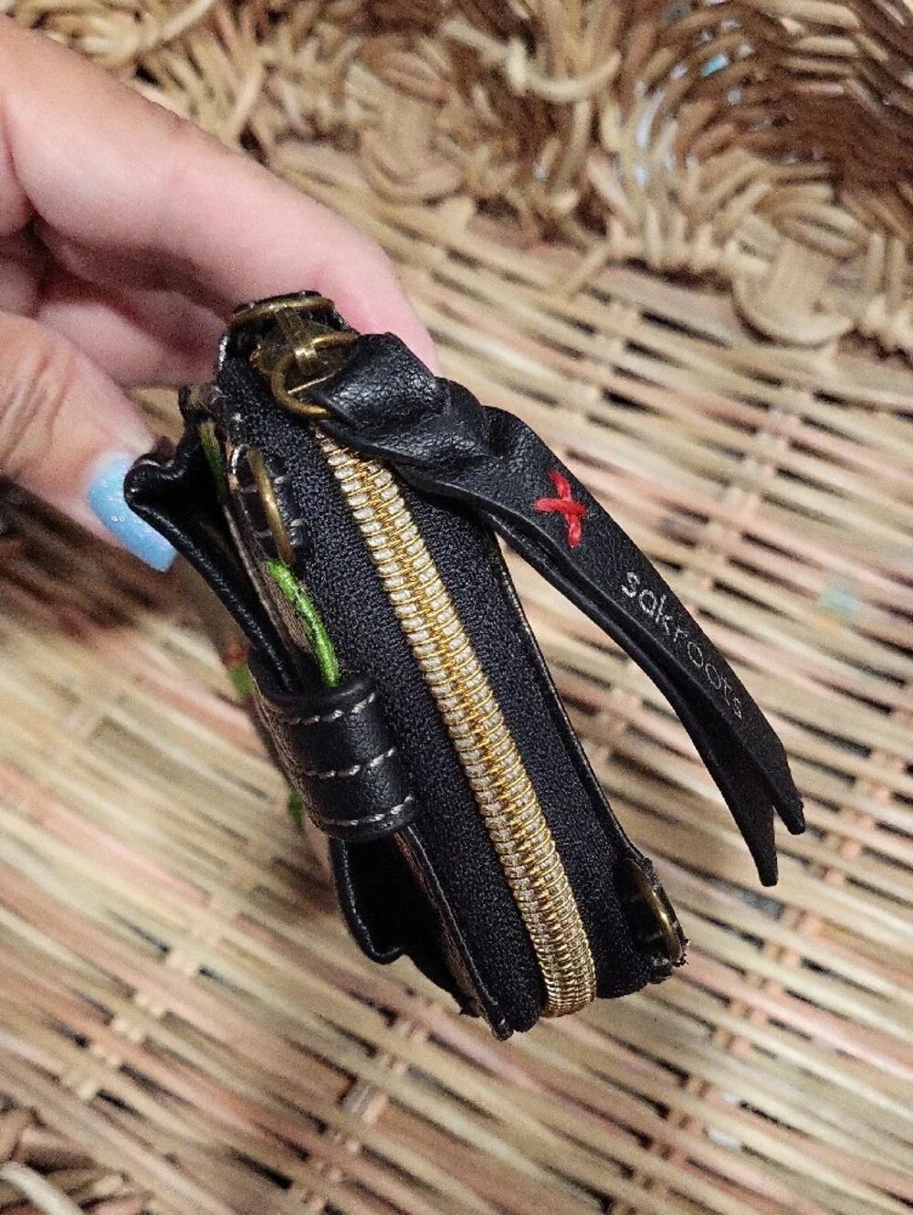 Sakroots Black Floral Zipper Phone Wallet Case with Green & Red Accents
